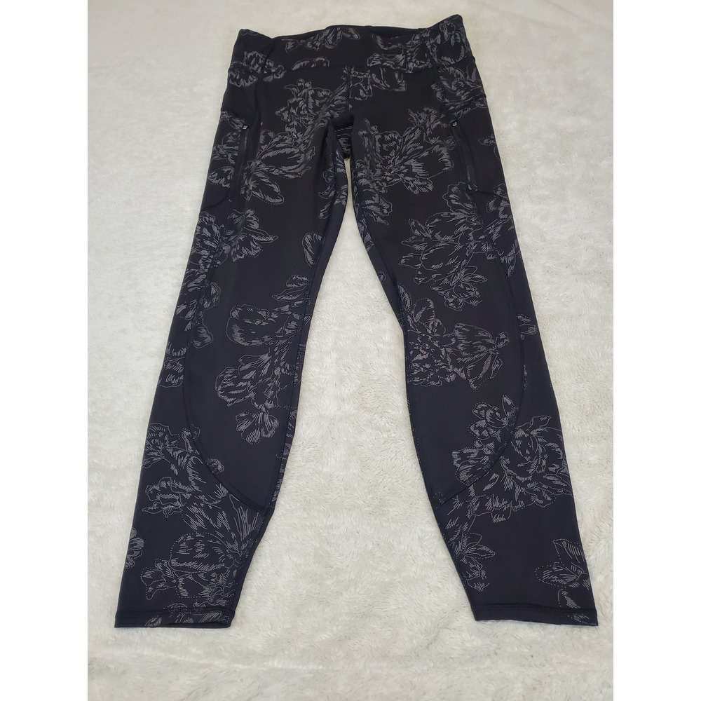 Athleta Black Dark Floral Rainier Reflective High Rise Tight Legging Large Gym
